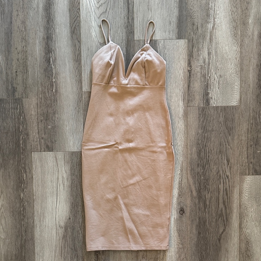 Hot Miami Styles Tan Midi Bodycon Dress